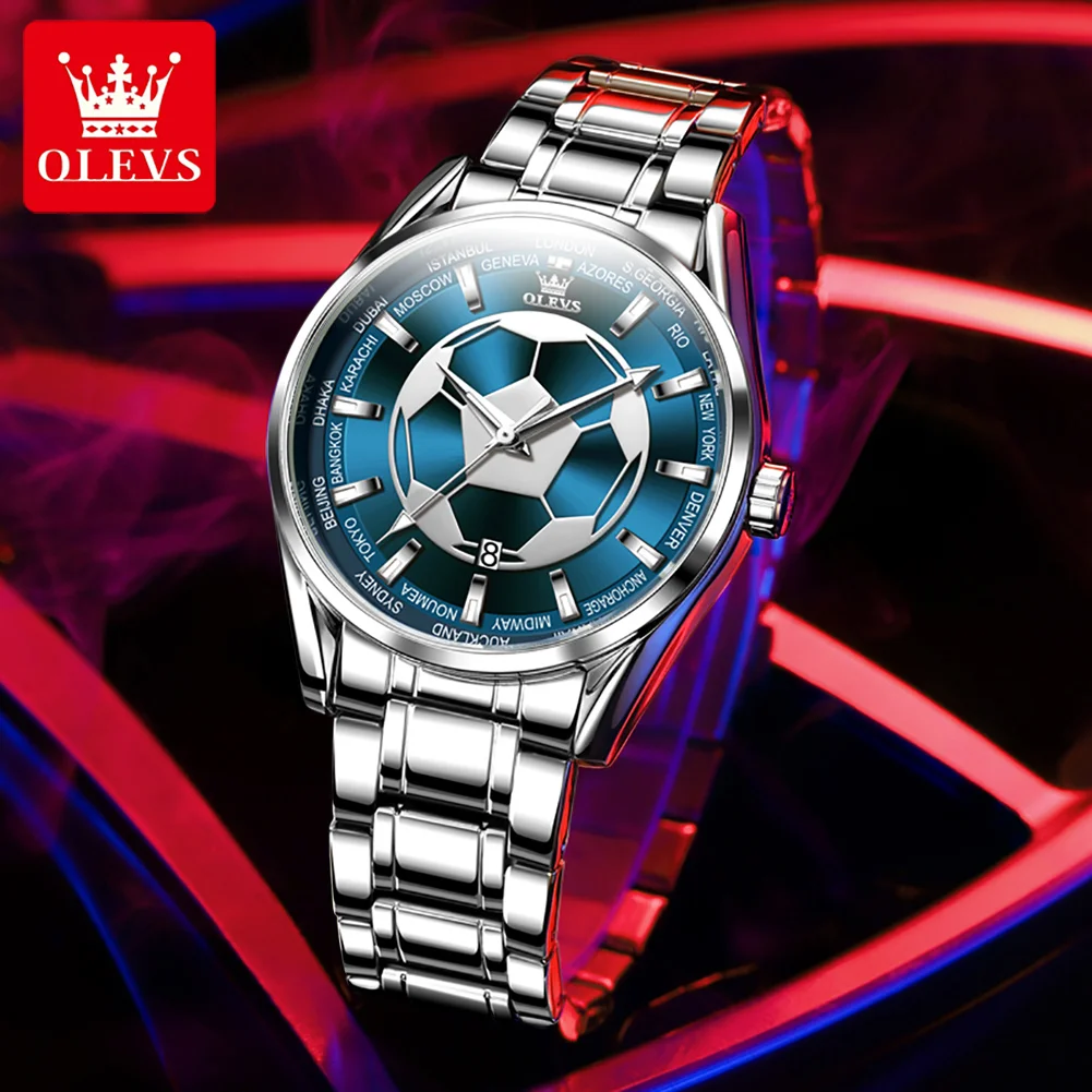 OLEVS 9949 Quartz Mens Watches Top Brand Luxury Original Football Theme Design Luminous Stainless Steel Waterproof Wristwatch