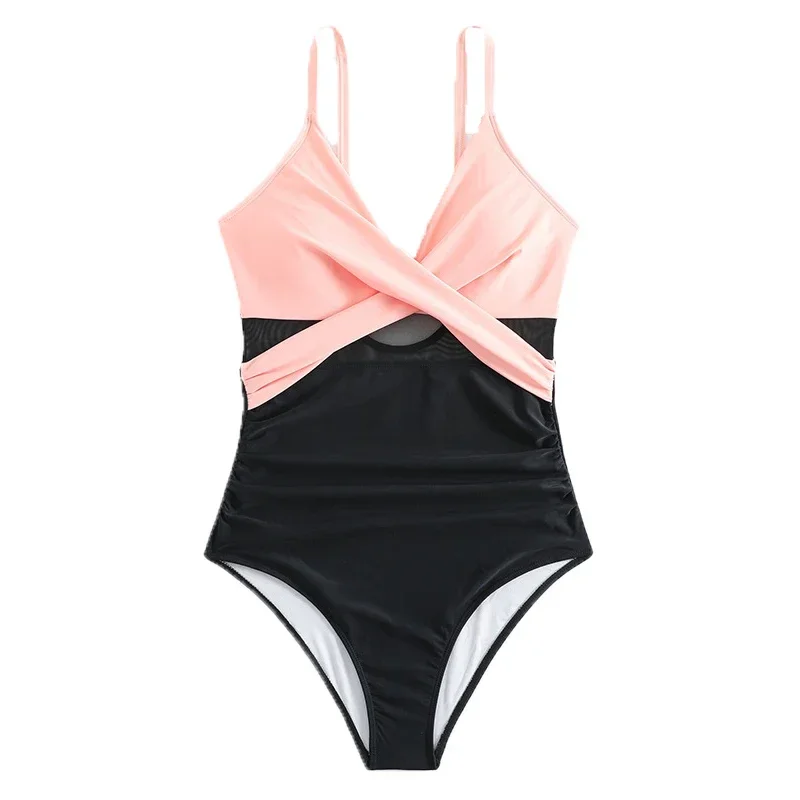 Bikini de una pieza de retales rosa para mujer, Monikini de verano 2024, traje de baño de malla calado con cuello en V cruzado, traje de baño con correa ajustable