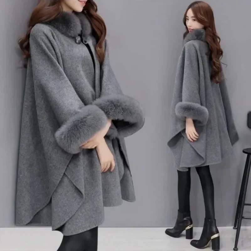 Winter Fake Fur Coat Women\'s Poncho Jacket Ladies Bat Sleeve Warm Cape Overcoat Long Cloak Outwear Casual Shawl Female New L83