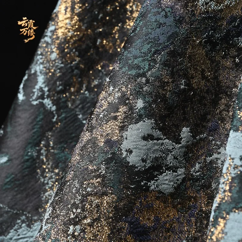 Ice ink blue and gold silk embossed jacquard fabric gilded glittering home textile clothing designer shirt