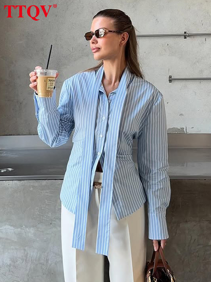  TTQV Fashion Loose Blue Stripe Women's Shirt 2026 Casual Bow Collar Long Sleeve Blouse Elegant Classic Tie Top Female Clothing 