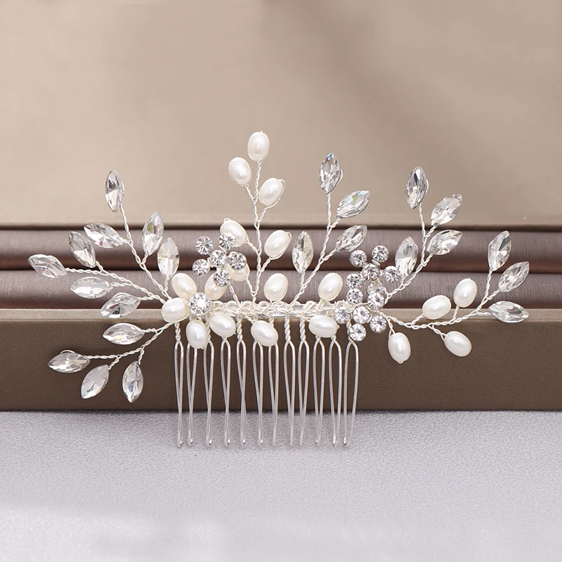 New Pearl Crystal Wedding Hair Combs Hair Accessories Silver Color Women Back Decorative Hair Comb Bridal Headpiece Hair Jewelry image 2