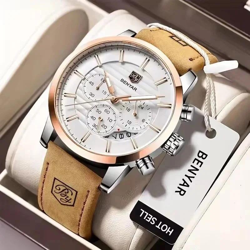BENYAR 2026 New Fashion Quartz Watch Men's Multi Functional Waterproof Advanced Leather Calendar Chronograph Watch