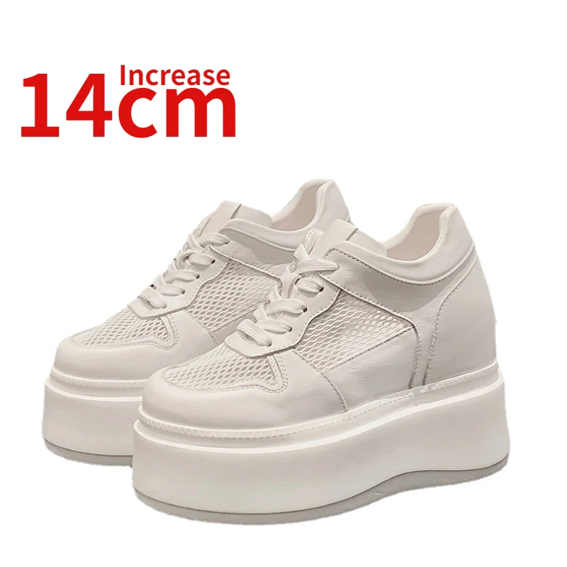 

Invisible 14cm Inner Height Increased Shoes for Women Summer Breathable Mesh Surface Ultra-high Thick Sole White Elevator Shoes