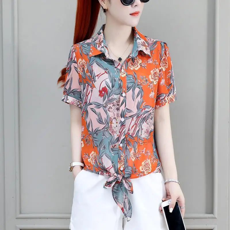 Stylish Bandage Bow Shirt Vintage Broken Flowers Printed Summer Turn-down Collar Female Clothing Single-breasted Straight Blouse