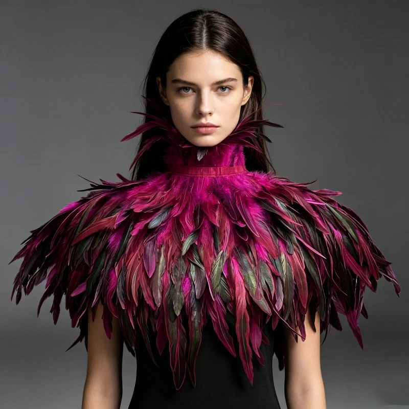 Women Natural Feather Shrug Shawl Fake Collar Gothic Shoulder Wrap Cape Collar with Ribbon Ties Cosplay Costume Party Scarf Prop