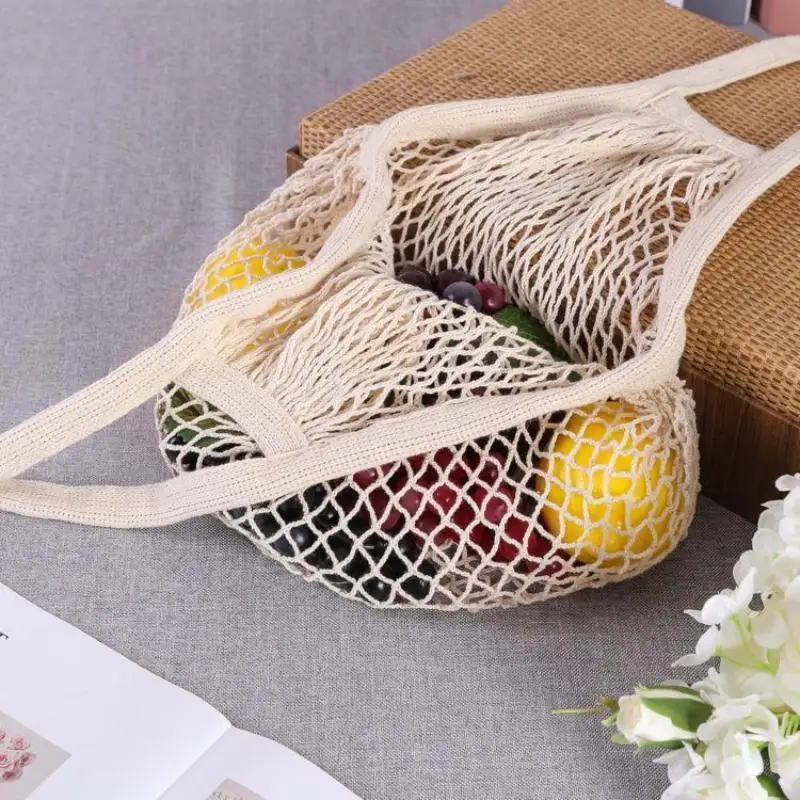 Handliche, faltbare Einkaufstasche aus Baumwollnetz, wiederverwendbare Obstnetztasche, gewebte Netztasche mit Lochmuster für die Küchenaufbewahrung – Detail 3