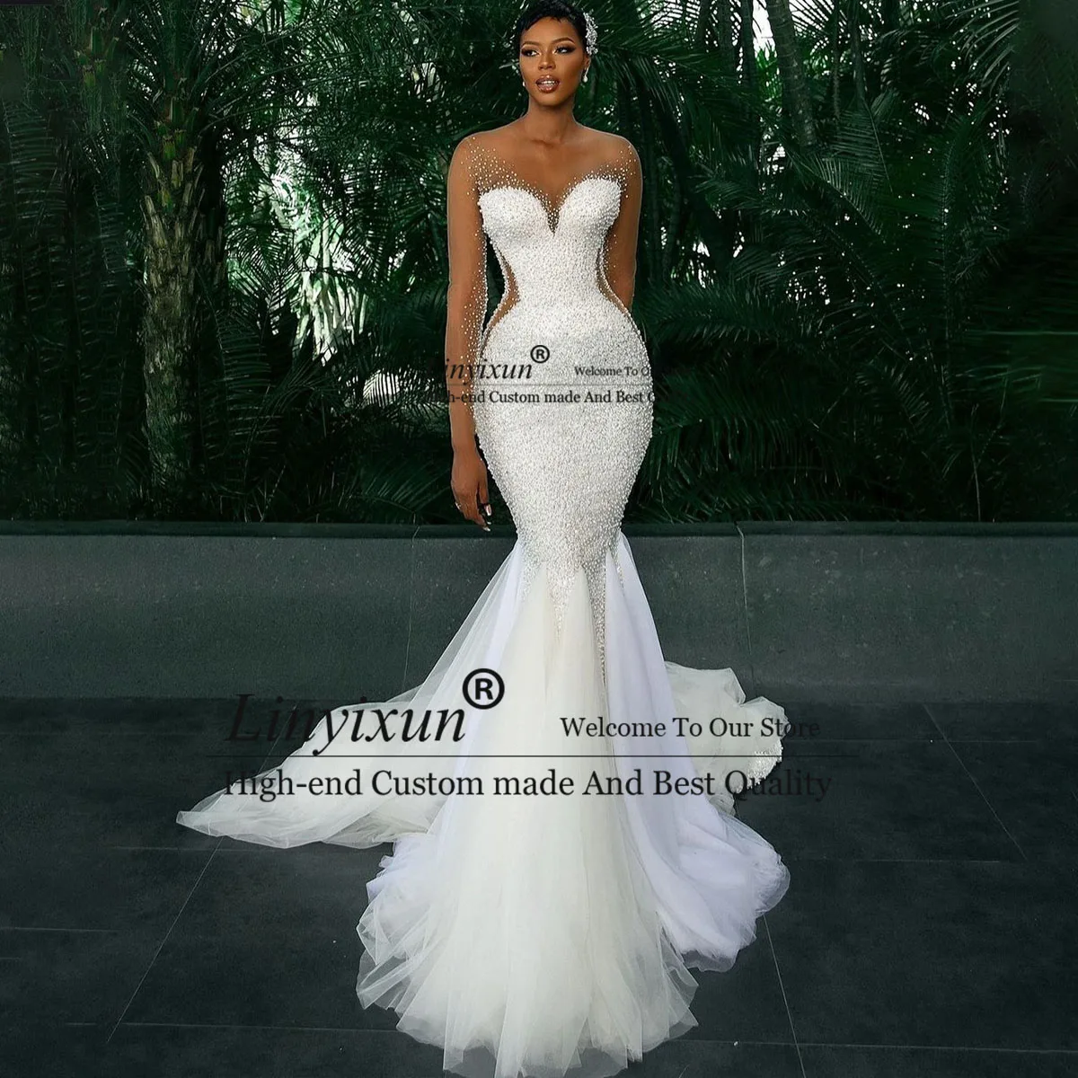 Pérolas personalizadas longo sereia vestidos de casamento para meninas negras frisado tule vestidos de noiva formal luxo contas robe de mariée