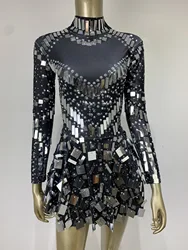 Women High Elastic Long Sleeved Shiny Sequin Dress A-line Mini Dress Club Nightclub Singer Stage Performance Costume