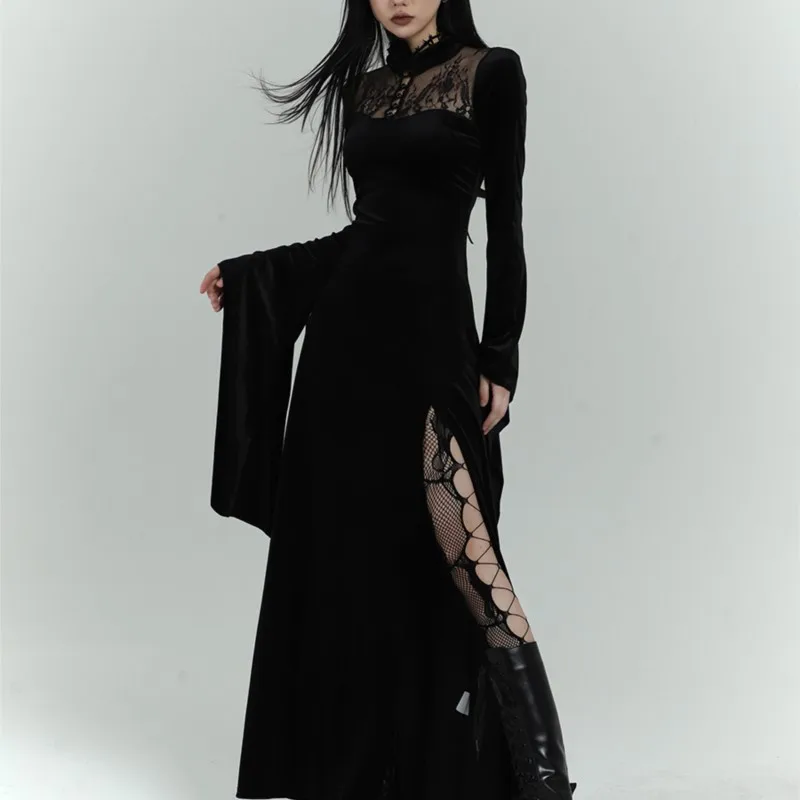 Dark Women's Gothic Wind Black Velvet Retro Draping Effect Dress Skirt