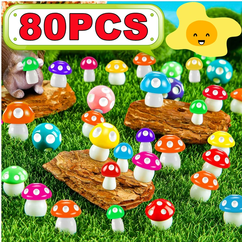 

New 10-80PCS Mini Resin Mushroom 8 Colors Small Mushrooms for Dollhouse Decor Micro Fairy Garden Landscape Aquarium Tiny Toys