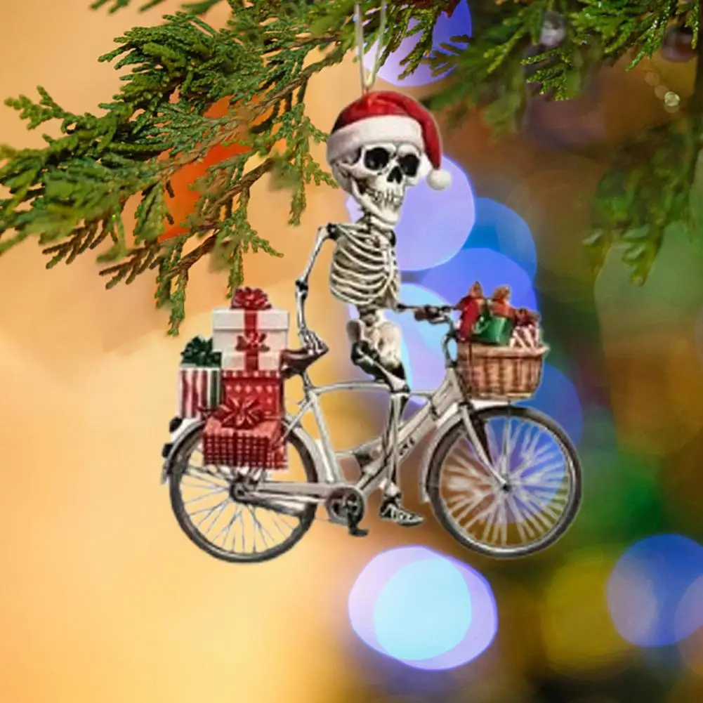 Santa Hat Skeleton Pendant Festive Christmas Skull Ornament with Santa Hat Skeleton Riding Bicycle Acrylic for Indoor/outdoor