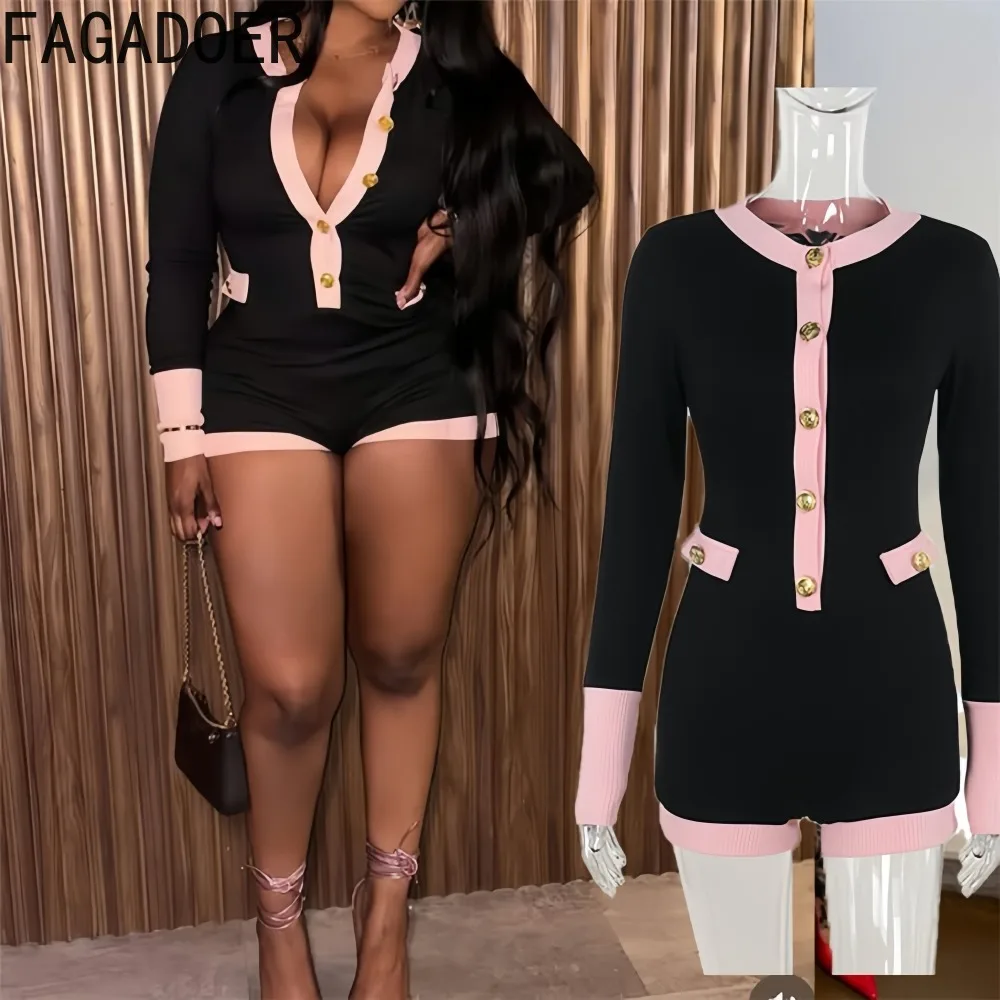 

FAGADOER сексуальные вязаные облегающие комбинезоны для женщин, цветные блочные пуговицы, лоскутные комбинезоны с длинными рукавами, женские уличные комбинезоны, новинка