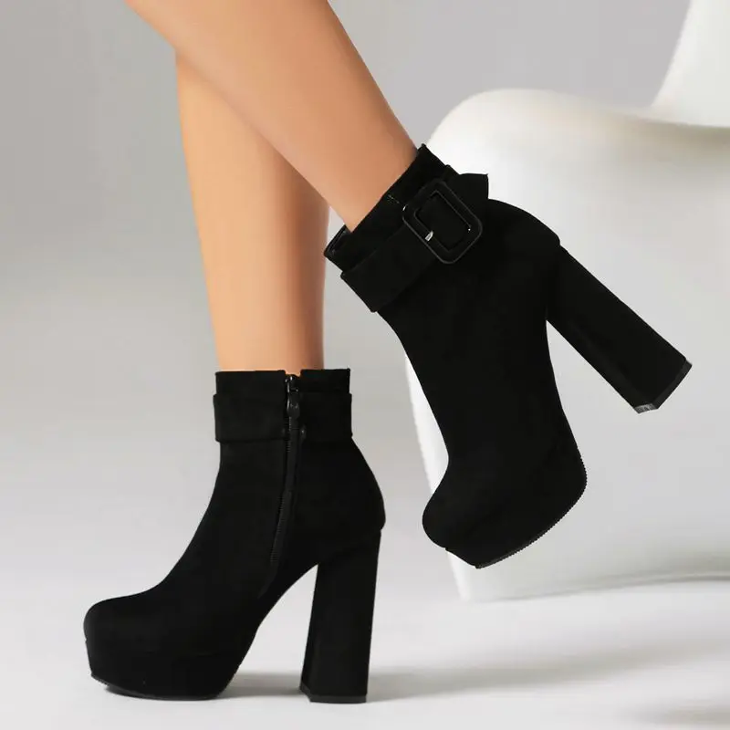 REAVE CAT Sexy Women Ankle Boots Round Toe Block Heels 12cm Platform Flock Suede Size 45 46 Party Bota