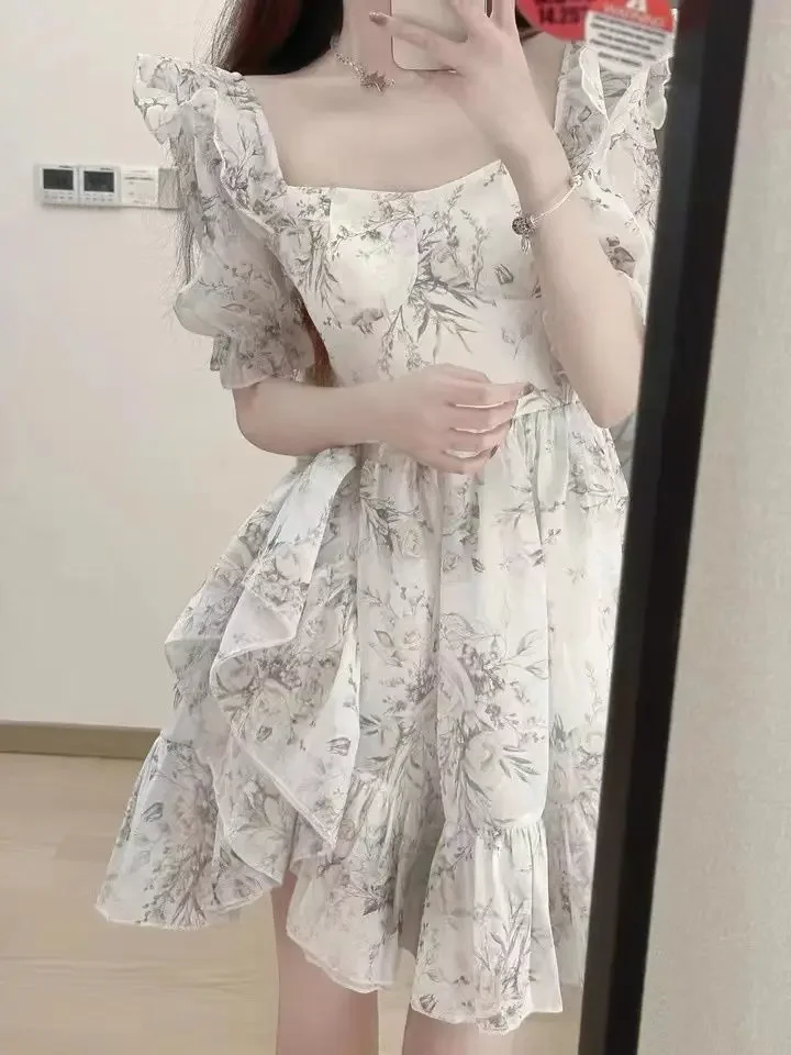 2025 프린트 꽃무늬 퍼프 슬리브 드레스 스퀘어 칼라 원숄더 반팔 스커트 2025 여성 의류 2025 프린트 꽃무늬 P