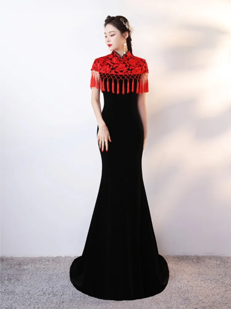 

New black velvet Chinese-style catwalk cheongsam long performance dress women's banquet evening