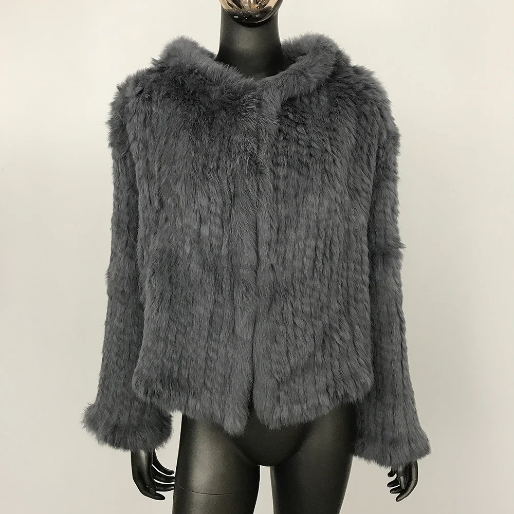 เสื้อโค้ทขนกระต่ายสั้นสำหรับผู้หญิง ฤดูใบไม้ร่วงและฤดูหนาว ปี 2025 แบบมีฮู้ดสองด้าน ขนแท้ หนา ถักมือ