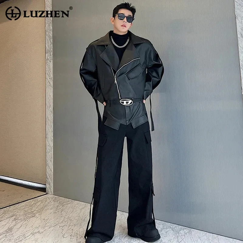 LUZHEN Personalized Trendy Splicing Design Pu Leather Jackets Two-piece Sets Original Stylish Street Men\'s Straight Pants LZ3307