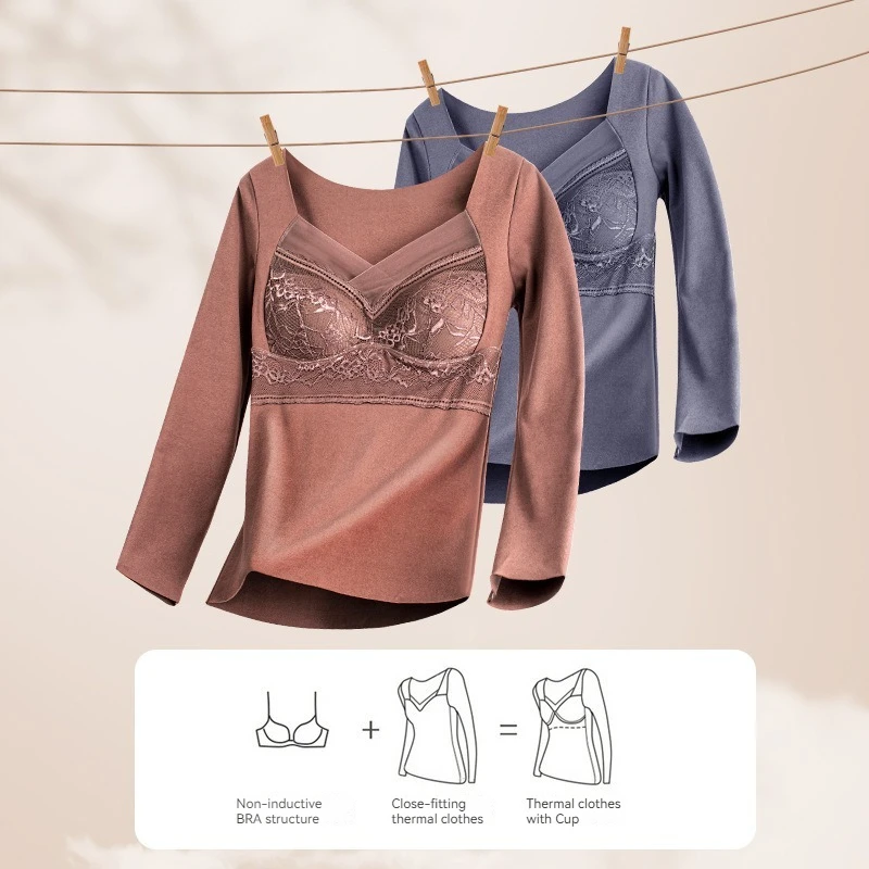 Autumn and Winter New German Velvet Warm Bottom Integrated Bra Lace Long Sleeve Comfortable Underwear for Women