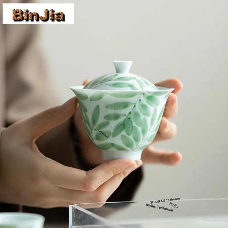 BAEJORIA 155ml Handmade White Porcelain Gaiwan Hand-painted Willow Leaf Tea Tureen Household Tea Brewing Cover Bowl Tea Items