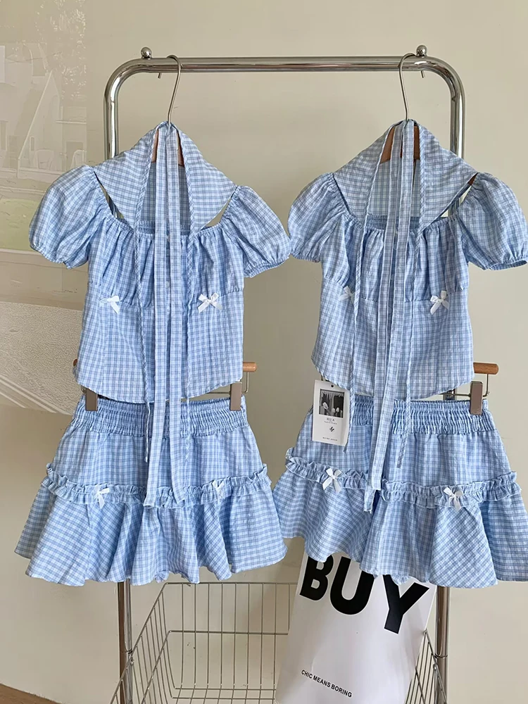 Summer Women Vacation Korean Gyaru Ballet Core 2000s Plaid Mori Girl Outfits 2 Piece Set Short Sleeve Crop Tops + Bow Mini Skirt