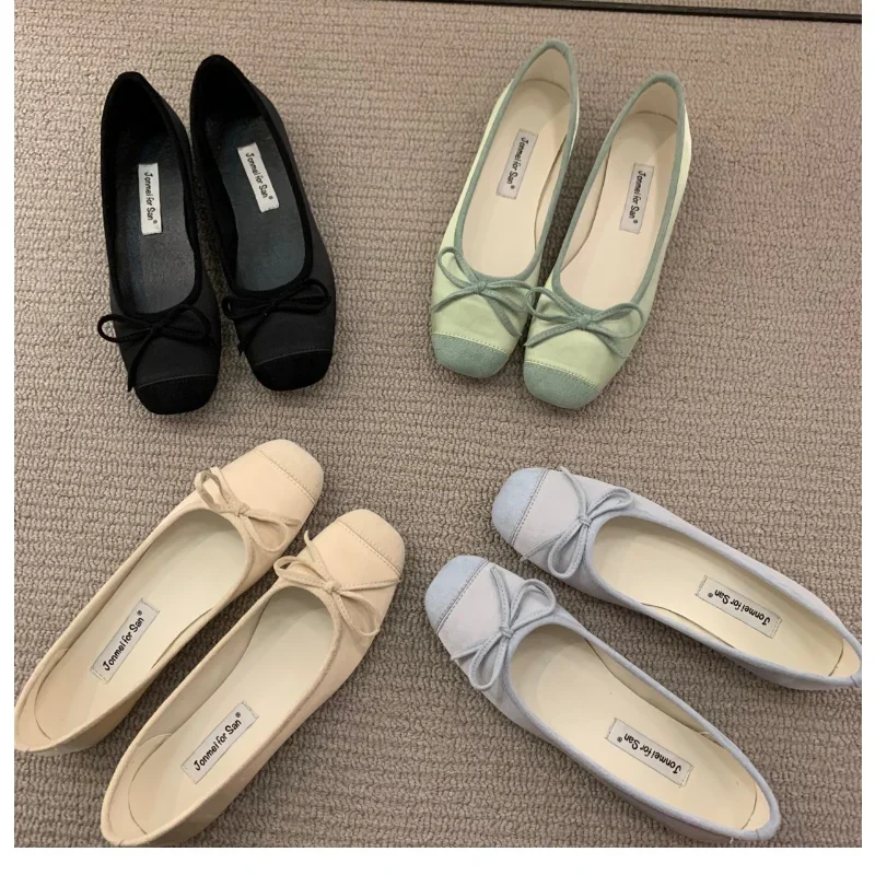 Elegant Woman Classic Square Toe Bowtie Ballerina Flats Ladies Soft Loafers Comfortable Low Heels Shallow Mouth Ballet Shoes