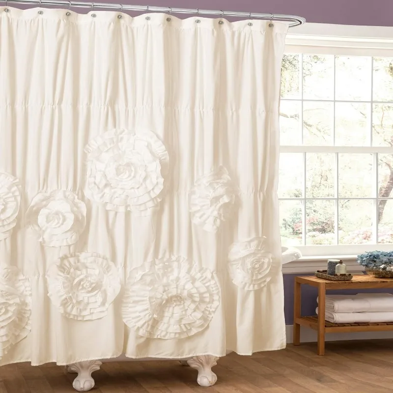 

Serena Ruffle Shower Curtain, 72" W x 72" L, Ivory - Beautiful Ruched Flower Design - Luxury Shower Curtain - Ruffle Shower