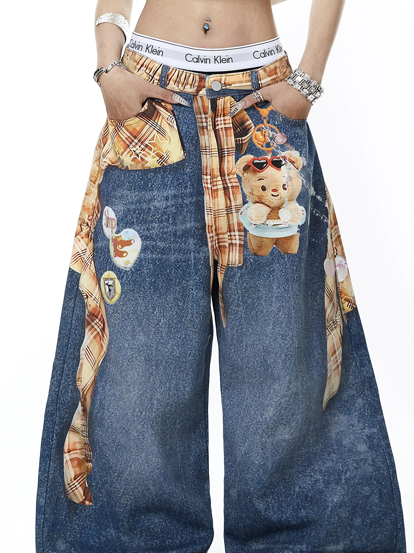 Jeans Americanos Estilo High Street com Estampa Xadrez 3D e Detalhes de Corte, Lavagem Vintage, Perna Larga, Unissex, para Ho...