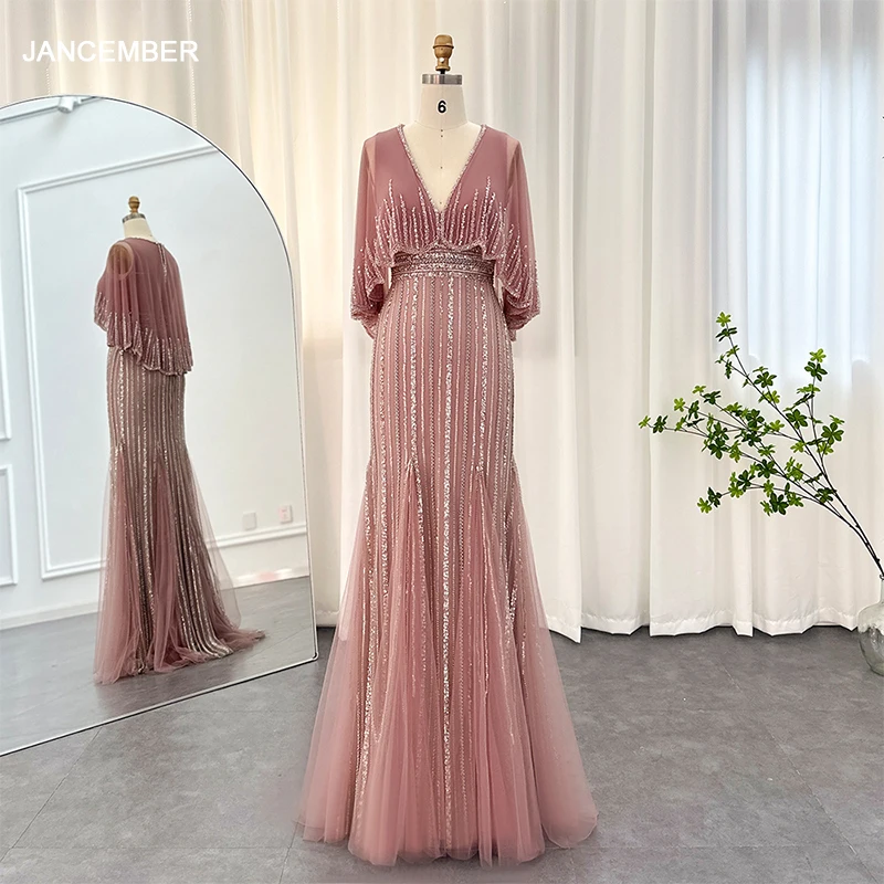 Scz126 Jancember Pink Mermaid Dubai Evening Dresses With Cape 2024 Elegant V-Neck Arabic Women Wedding Formal Party Gown