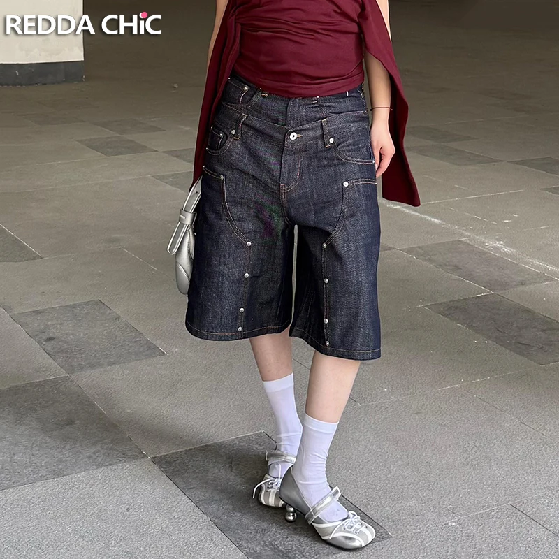 ReddaChic Double Waist Cargo Jeans Jorts Silver Rivets Patchwork Baggy Denim Shorts Capri Pants Retro Wide Leg Streetwear