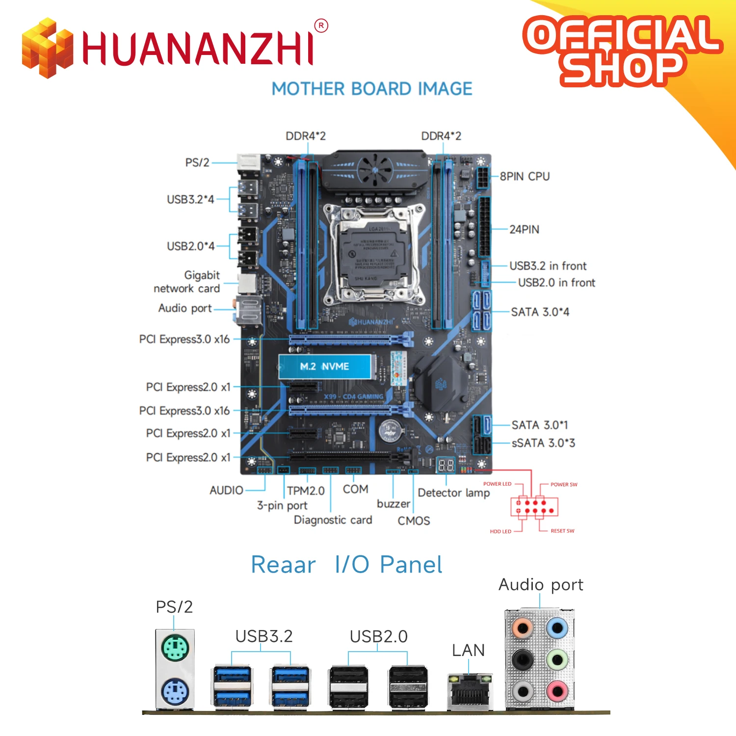 Placa base HUANANZHI X99 CD4 compatible con LGA 2011-3 Intel Xeon E5 V3 V4 DDR4 RECC memoria NON-ECC con TPM 2,0 para computadora de escritorio