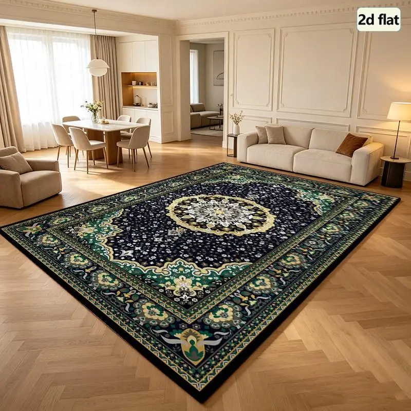 Dark Blue Luxury Persian Medallion Carpet Flooring, Ornate Floral Square Area Rug for Home Styling