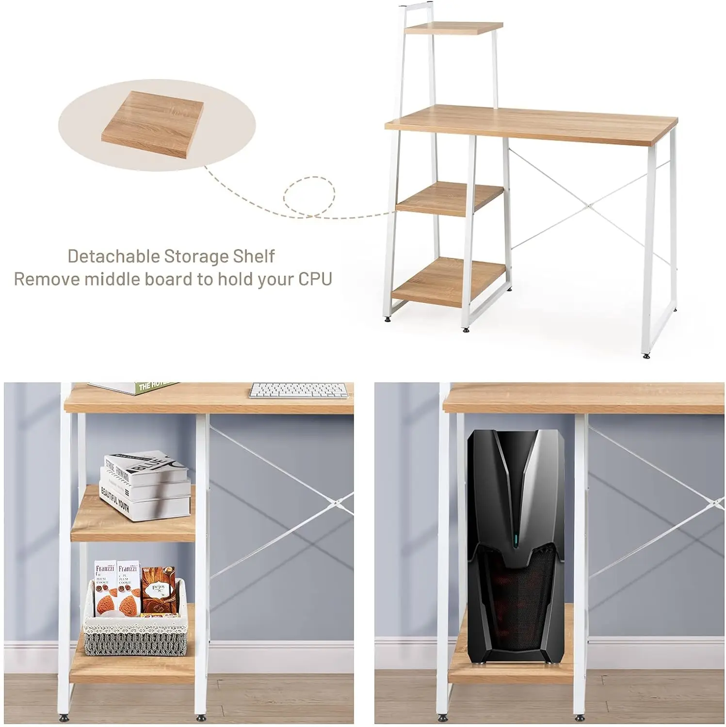 Computer Desk with 4-Tier Storage Shelves,Home Office Desk Writing Table with Sturdy X-Shape Frame,Adjustable Foot Pads