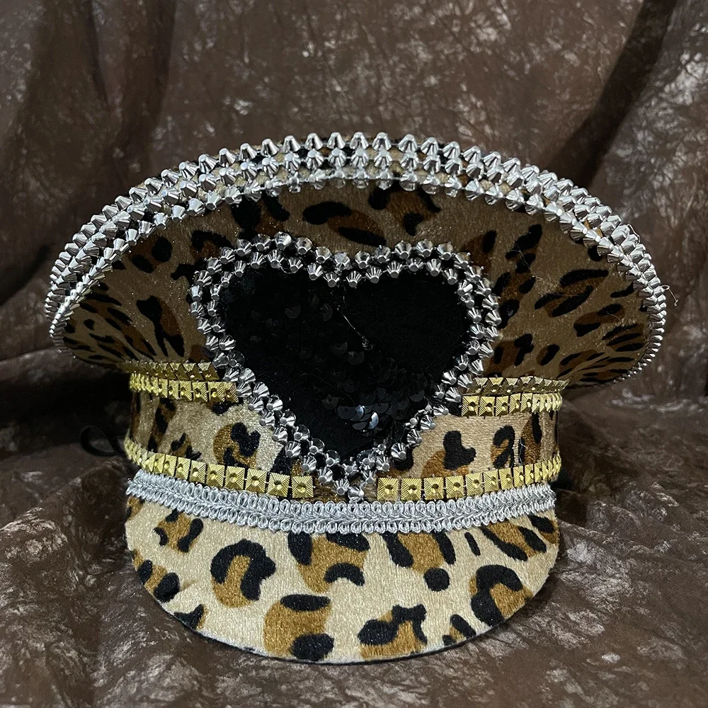Women Leopard Octagonal Captain Hat Wedding Bride Hat Leopard Military Hat Sergeant Hat Hen Do Hat Festival Birthday Part Hat