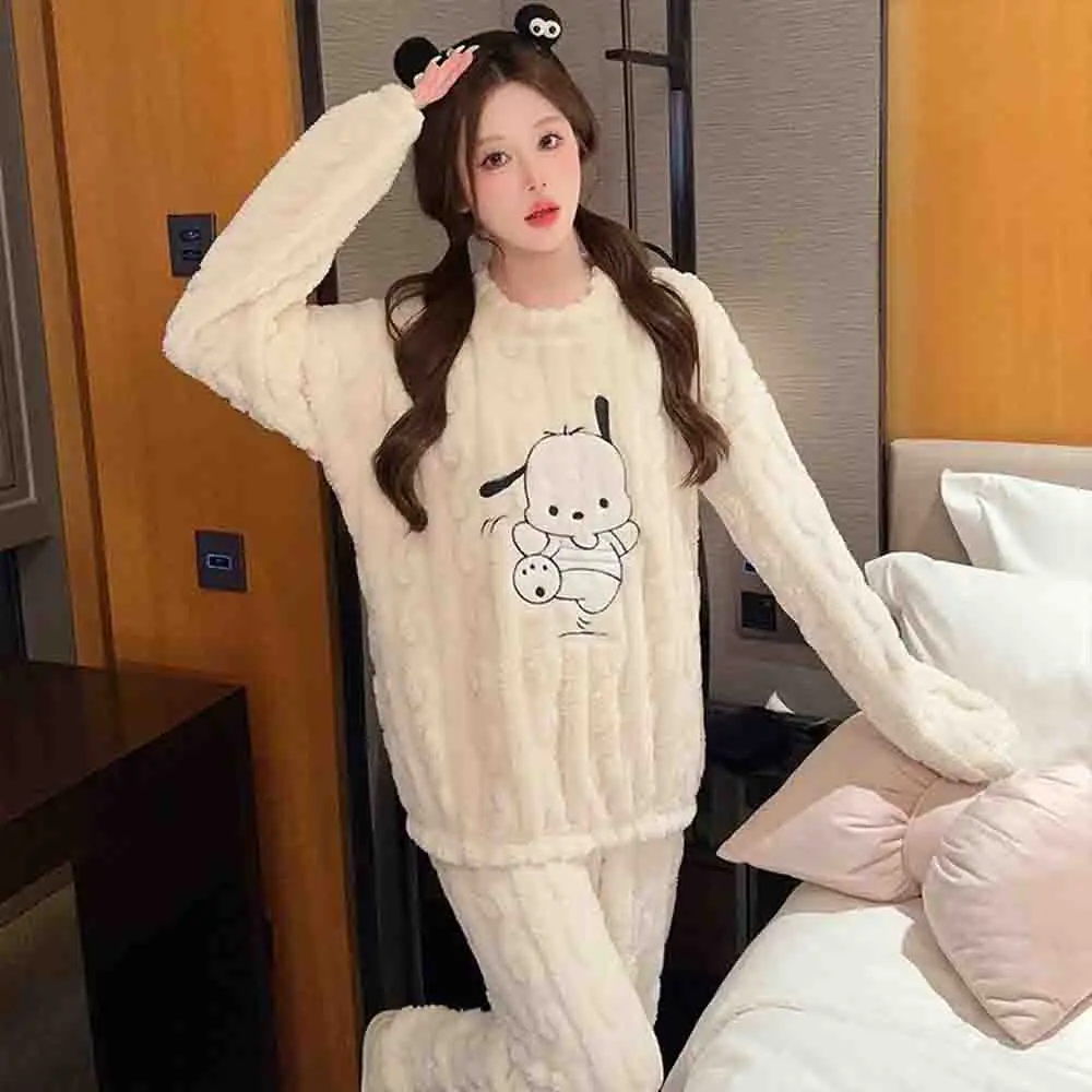 Hello Kitty Women's Embroidered Velvet Pajama Set Long Sleeve Top and Matching Pants Comfortable Winter Pajama Home Clothes Set - view 2