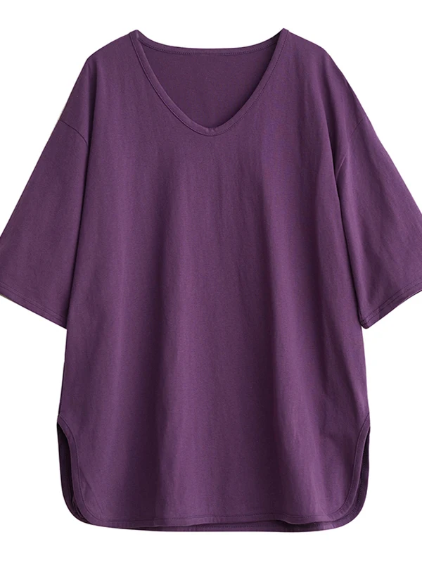 Semplice colore puro V-Ne cinque quarti Sve Midi T-irt da donna Allentato plus Size Asimmetrico Pendolarismo Sle Estate Nuovo arrivo