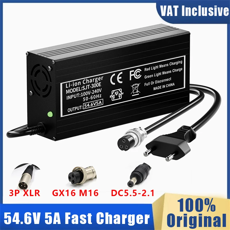 54.6V 5A Fast Charger for E-Bike 13S 48V 10Ah 15Ah 20Ah Lithium Battery 3 Prong GX16 M16 Connector,3-Pin XLR,54.6V AC/DC Charger