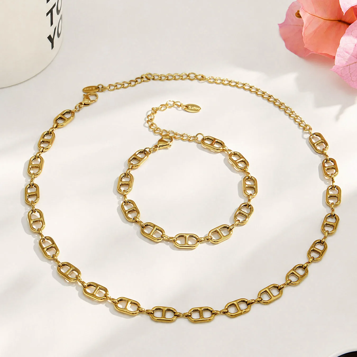 Anchor Chain Necklace Bracelet Stainless Steel Mariner Link Necklaces Bracelets 18k Gold Plated Pig Nose Necklace Bracelet Set
