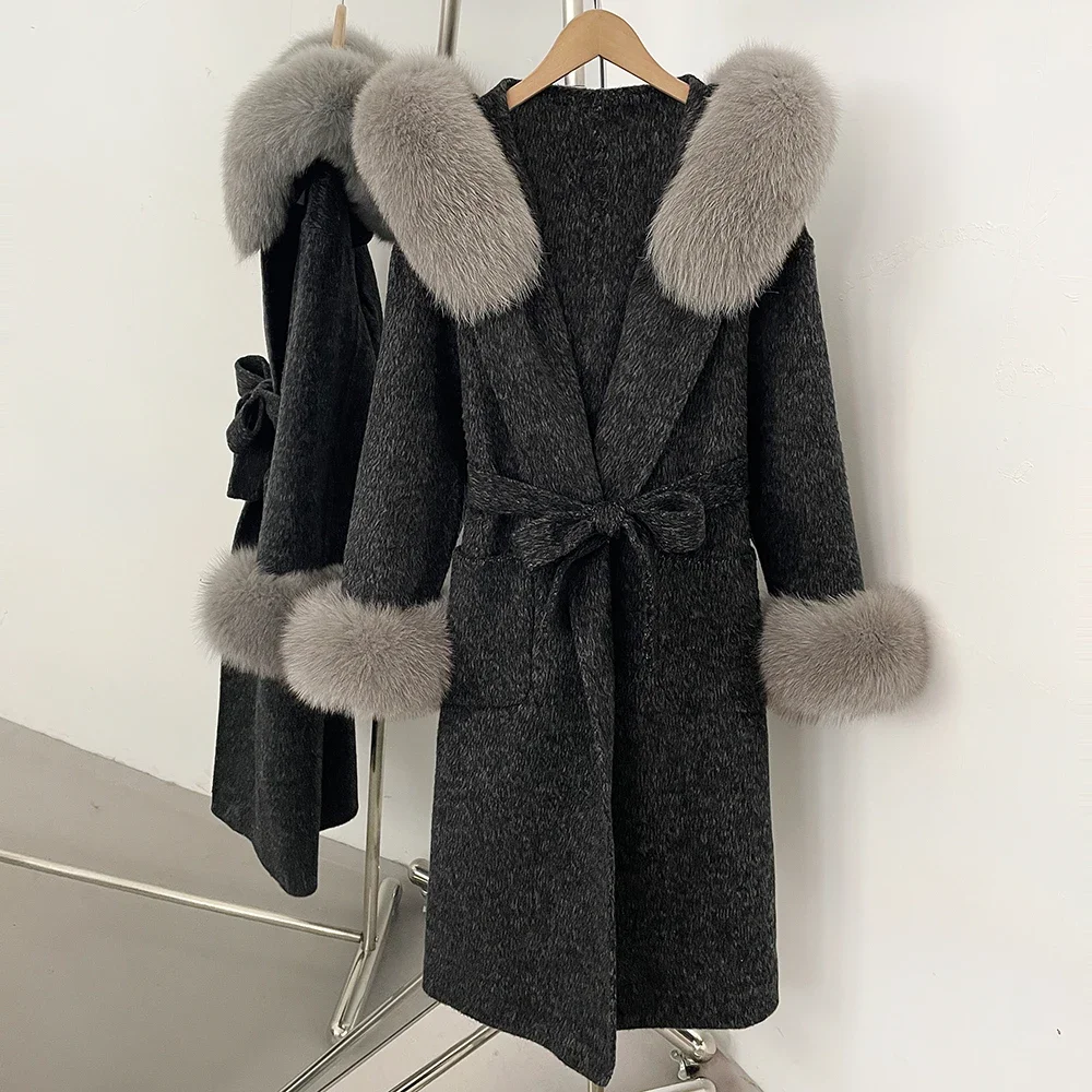 OFTBUY Wollmantel mit Echtfellkragen und Kapuze, Gürtel, 100% Wolle, Damen, Herbst/Winter, Luxus, Lange Kleidung mit Naturfell – Detail 8