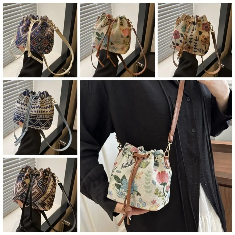 

Linen Flowers Canvas Crossbody Bag Korean Storage Bag Linen Handbag Shoulder Bag Large Capacity Ethnic Style Bucket Bag Shopping