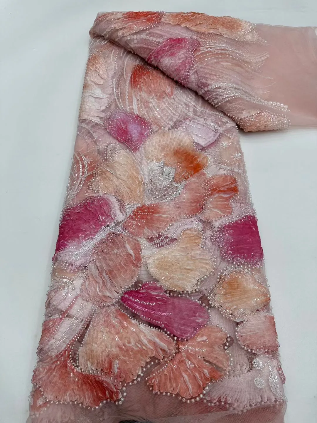 

Роскошный розовый африканский тюль с бисером, кружевная ткань 2022, нигерийская кружевная ткань ручной работы с тяжелыми блестками и жемчугом, свадебные платья