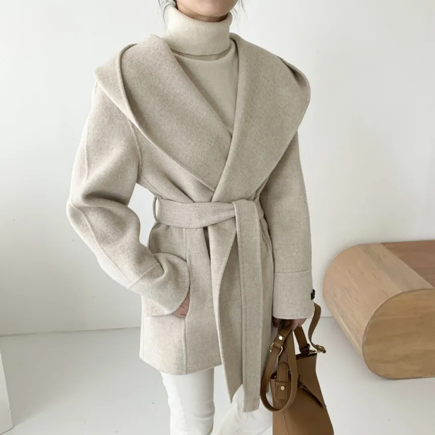 Retro Fashion High-End Feelings Belted Open Cardigan Hooded Woolen Coat Elegant Style Long Sleeve Mid-Length Pure Color Women...