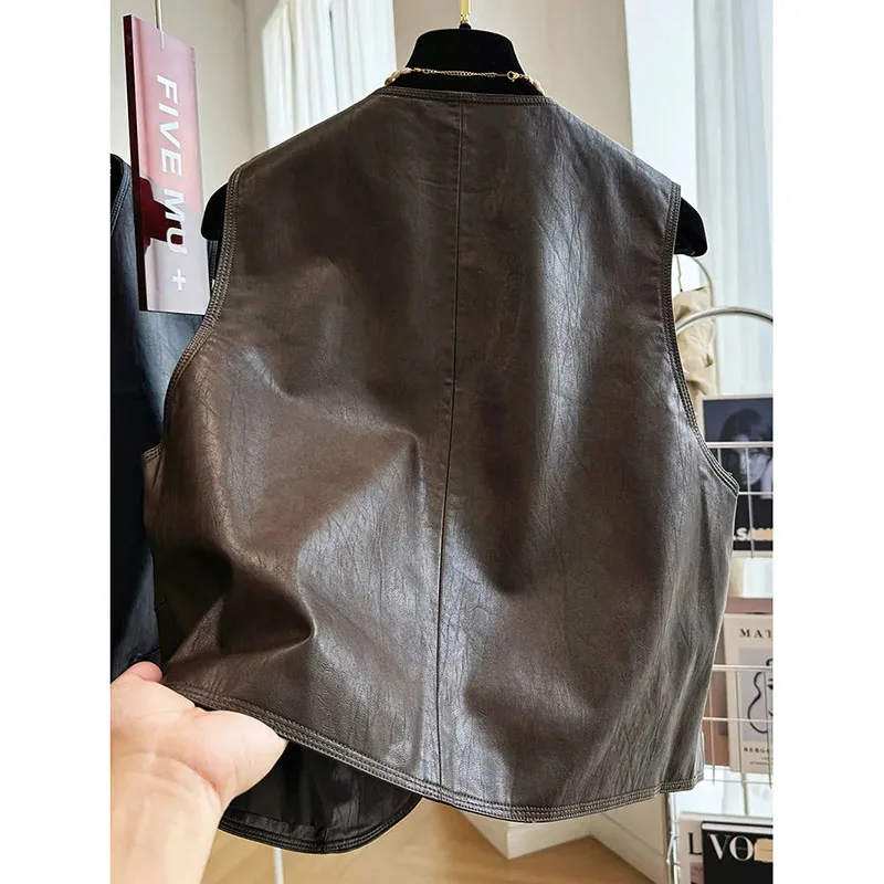 2025 Spring Autumn Vintage Vests Coat Female Sleeveless Leather Waistcoat Outwear Tops Pu Leather Pocket Vest Jacket Women