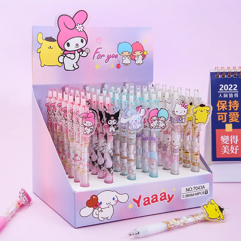 Sanrio 48pcs New Cartoon Paster Gel Pen Kuromi Pochacco Cinnamoroll Girls Cute Pens Student School Supplies 0.5 Black Exam Gifts