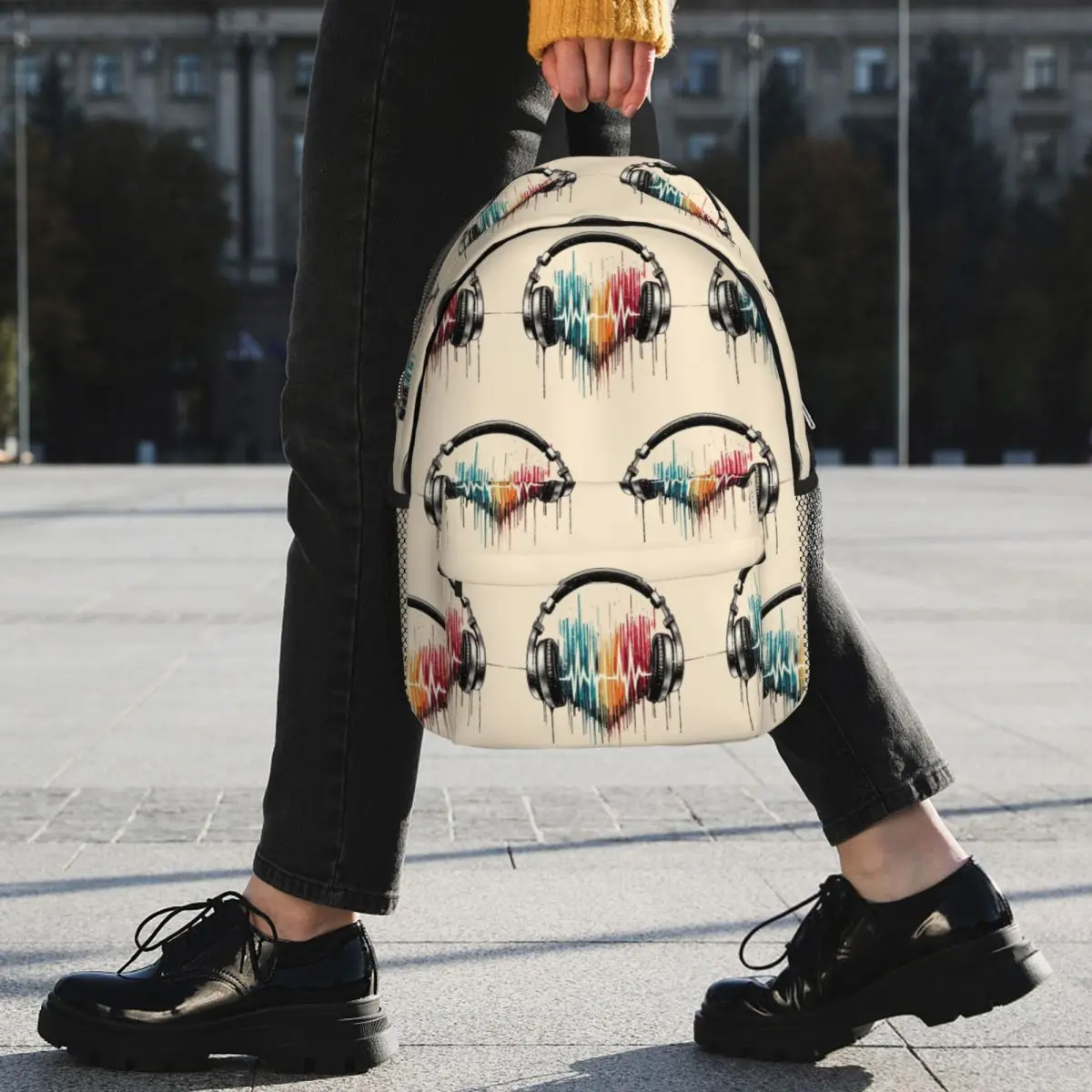 Heart Shaped Music Note With Headphones Backpack Student BookBag Boys Girls School Bag Computer Shoulder Bags