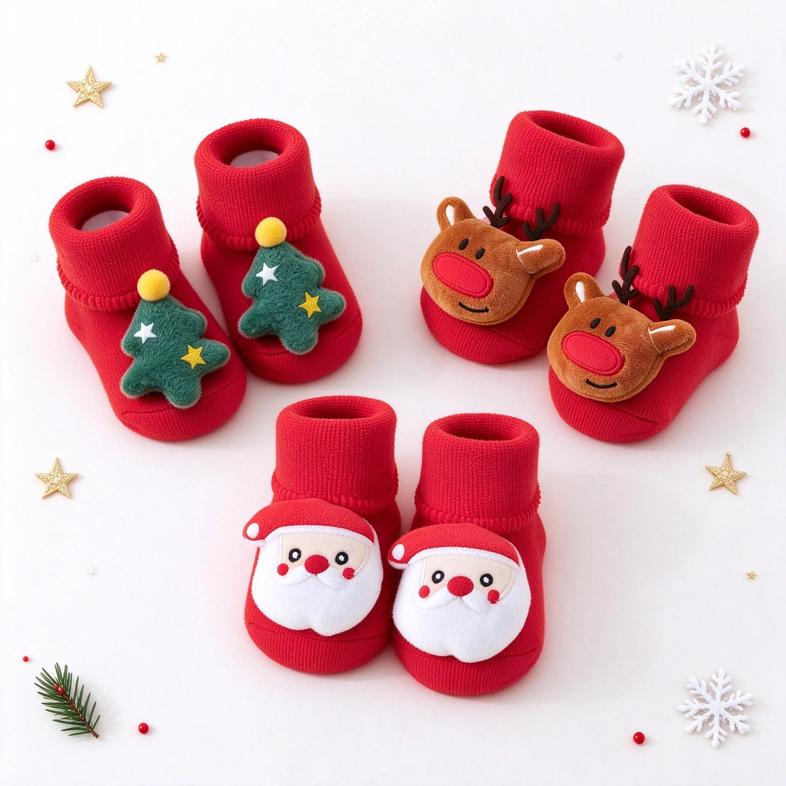 Baby Christmas Thick Terry Socks, Non-Slip Toddler Floor Socks, Cute 3D Cartoon Santa Reindeer Xmas Tree Infant Winter Warm Gift