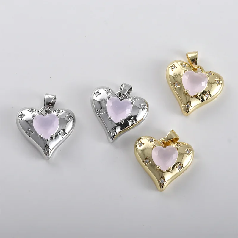 Copper Plated 14k Real Gold Color Powder Love Inlaid Zircon Pendant DIY Handmade Necklace Earrings Pendant Accessories Material