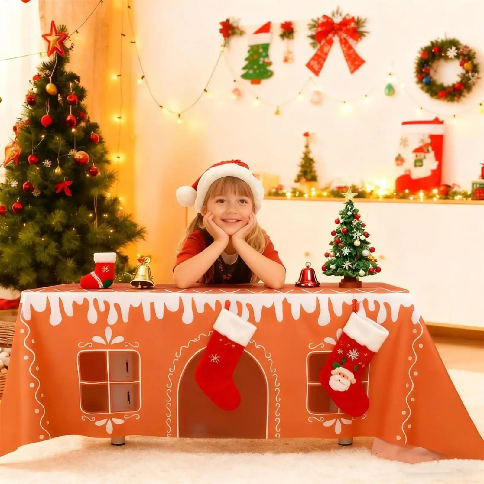 

Reusable Christmas Decoration Tablecloth Gingerbread House Christmas Table Cover Winter Picnic Christmas Party Home Decorations