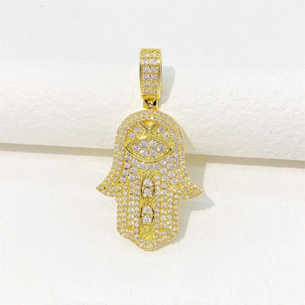 

Hip Hop Iced Bling Real Moissanite Hamsa Hand Pendant 925 Sterling Silver Rock Jewelry Fatima Charm Pendant 14k Gold Plated