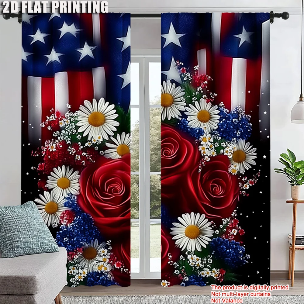 

2Pcs American Independence Day Flag Daisy Flower Printed Window Curtain For Bedroom Office Kitchen Living Room And Study Heat